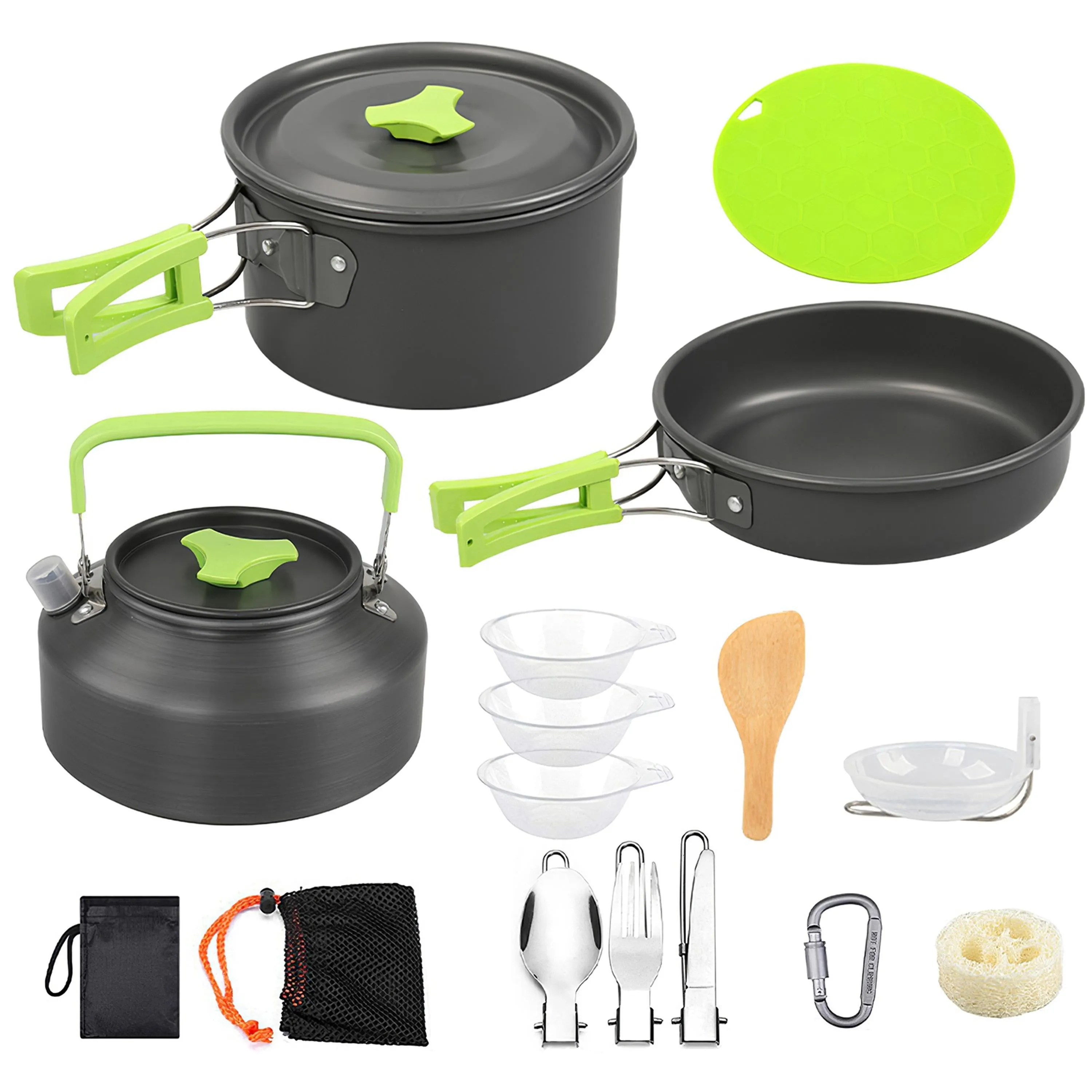 16Pcs Camping Cooking Ware Set Aluminum Pot Pan Kit