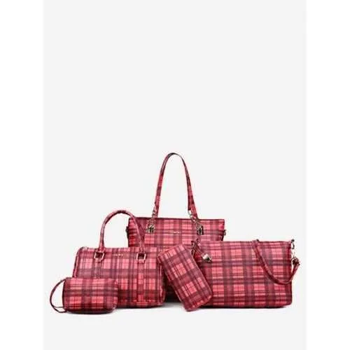 5 Pieces Plaid Pattern Bags - Red