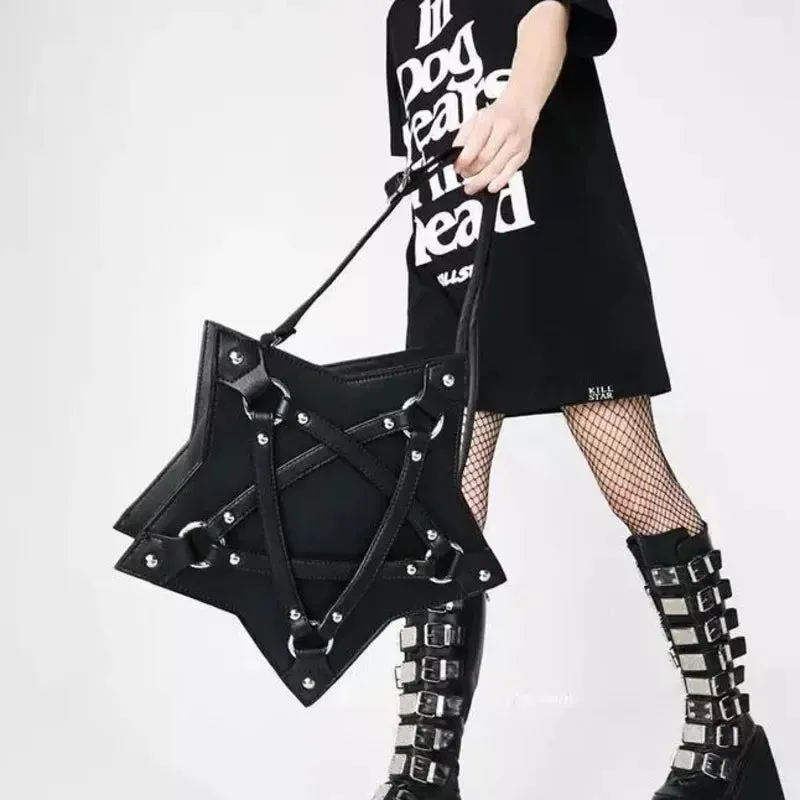 Black Pentagram Leather Unisex Retro Punk Casual Fashion Gothic Designer Bag