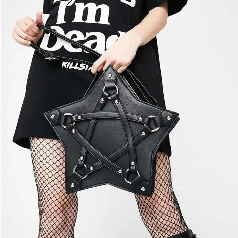 Black Pentagram Leather Unisex Retro Punk Casual Fashion Gothic Designer Bag