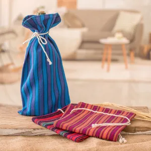 Colorful Handwoven Cotton Wine Bottle Bags (Set of 3) - Cheers | NOVICA