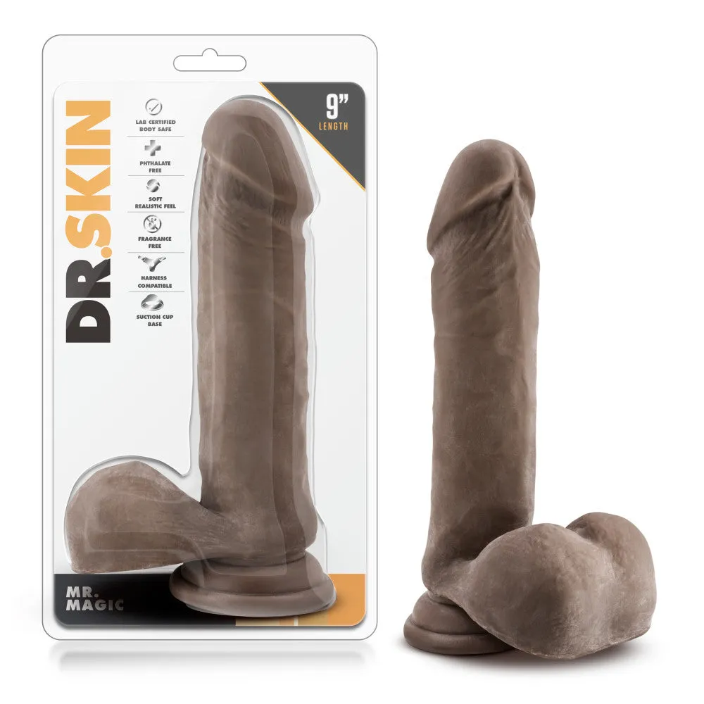 Dr. Skin By Blush® | Mr. Magic Realistic Chocolate 9.5-Inch Long Dildo With Balls & Suction Cup Base