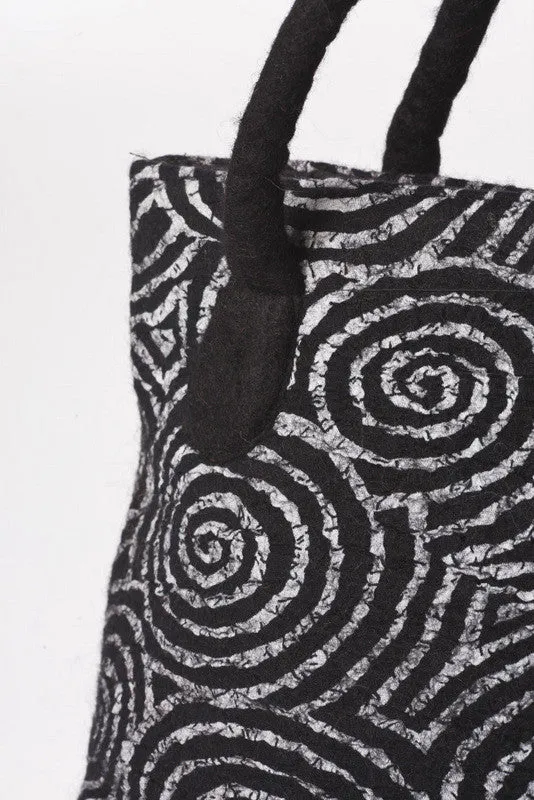 Felted Wool/Cotton Pop Art Tote Shoulder Bag - Black Swirls One-of-a-Kind