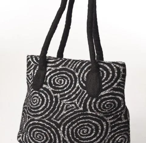 Felted Wool/Cotton Pop Art Tote Shoulder Bag - Black Swirls One-of-a-Kind