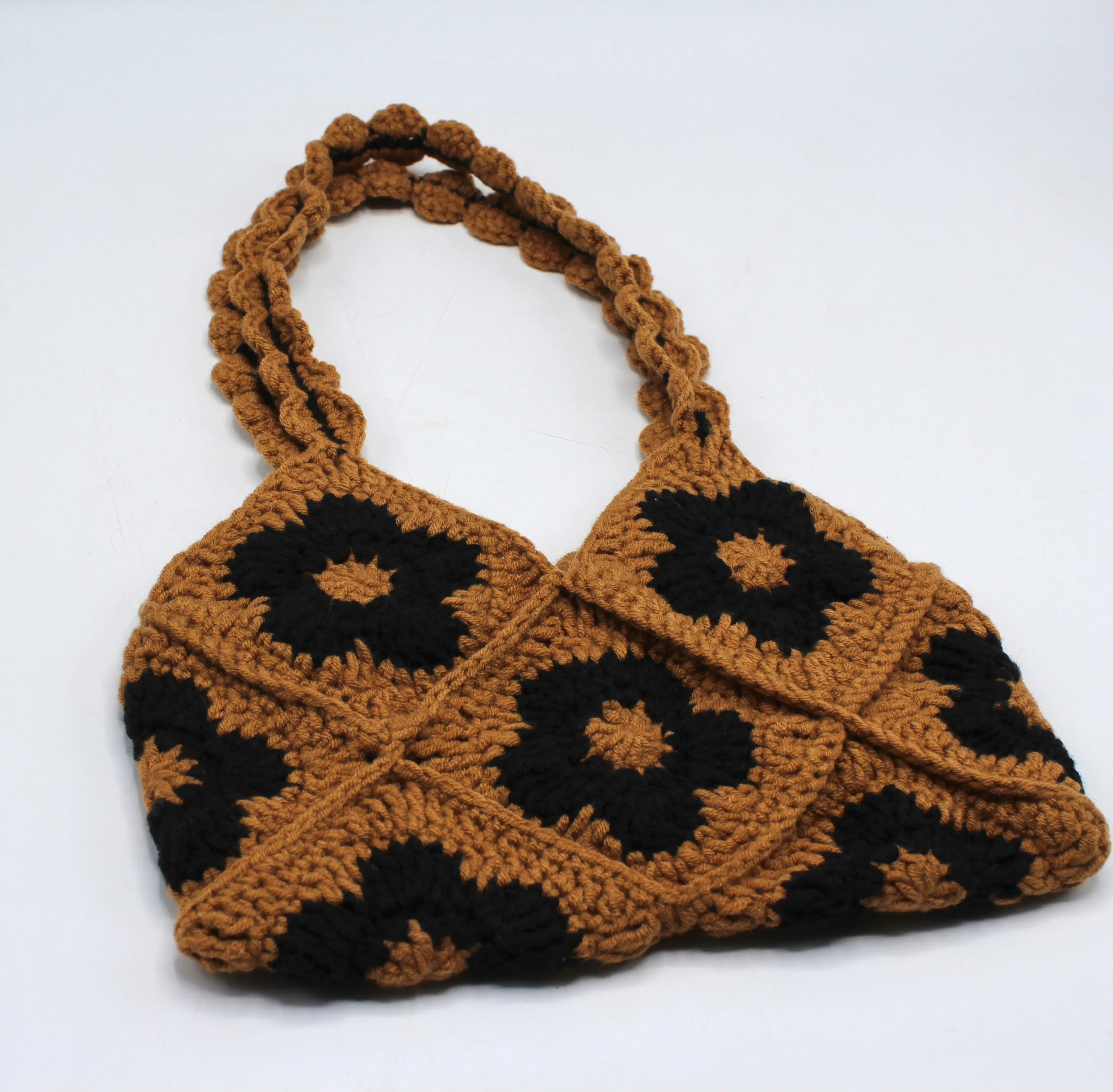 Handmade Floral Knitting Crochet Baguette Bag Brown & Black