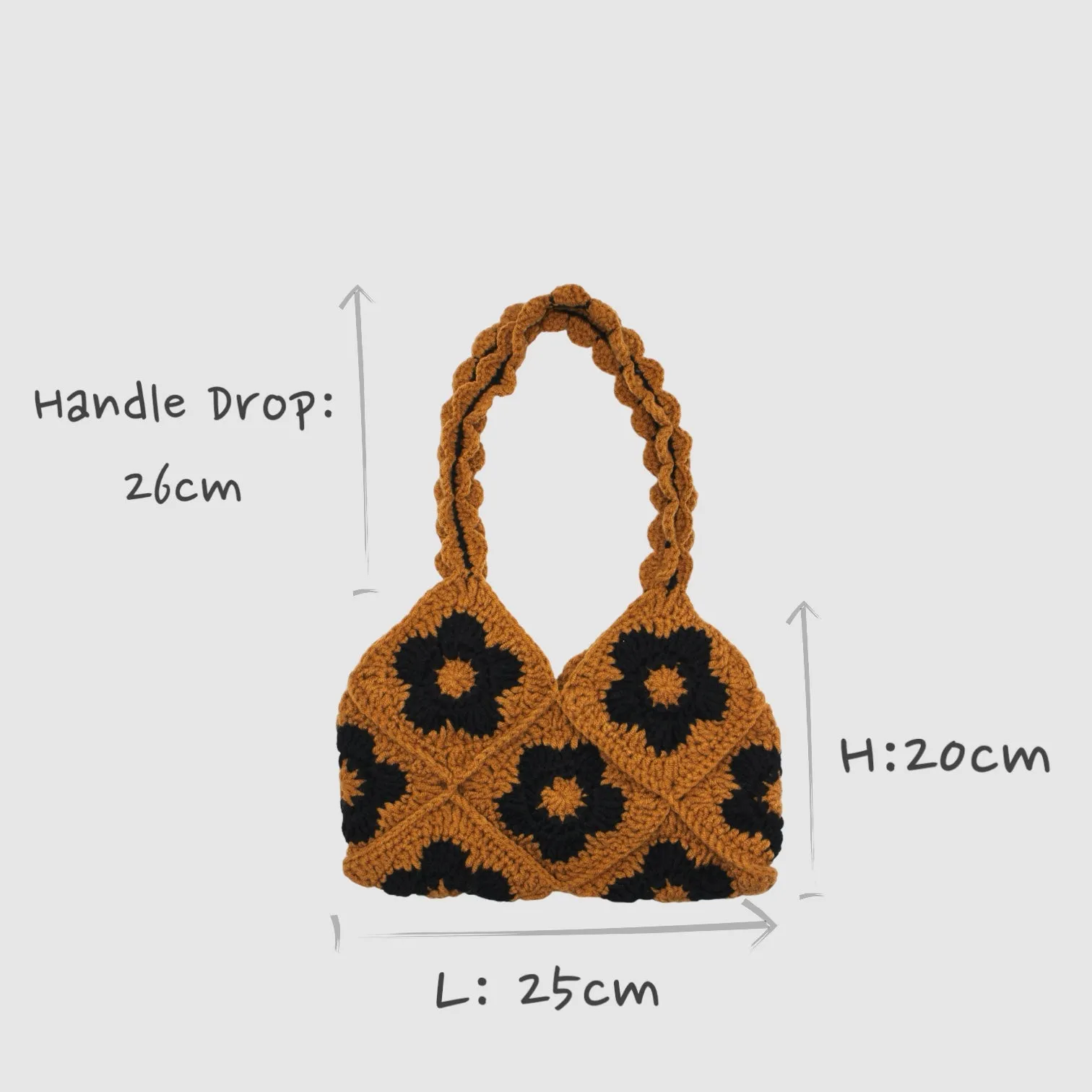 Handmade Floral Knitting Crochet Baguette Bag Brown & Black