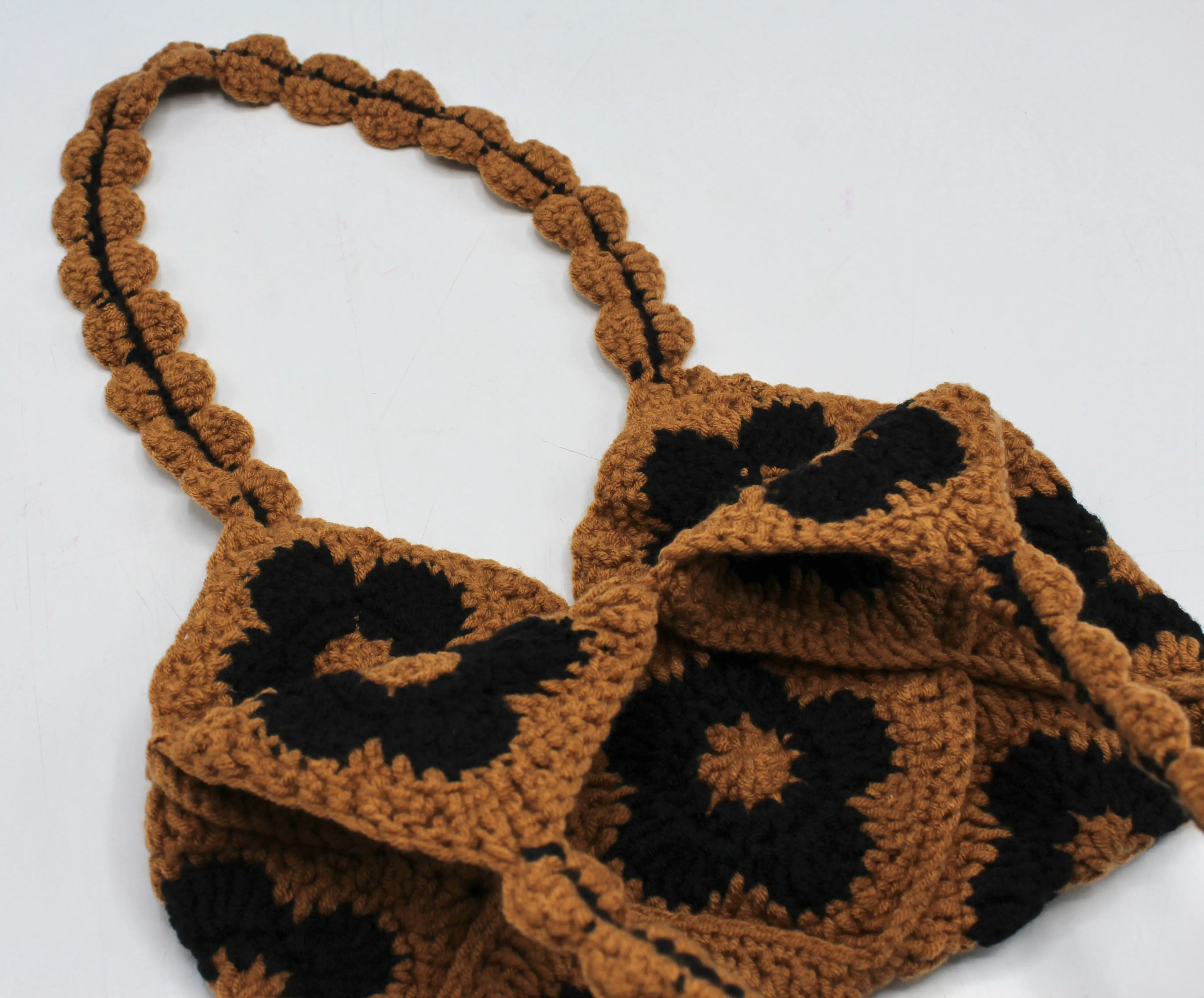 Handmade Floral Knitting Crochet Baguette Bag Brown & Black