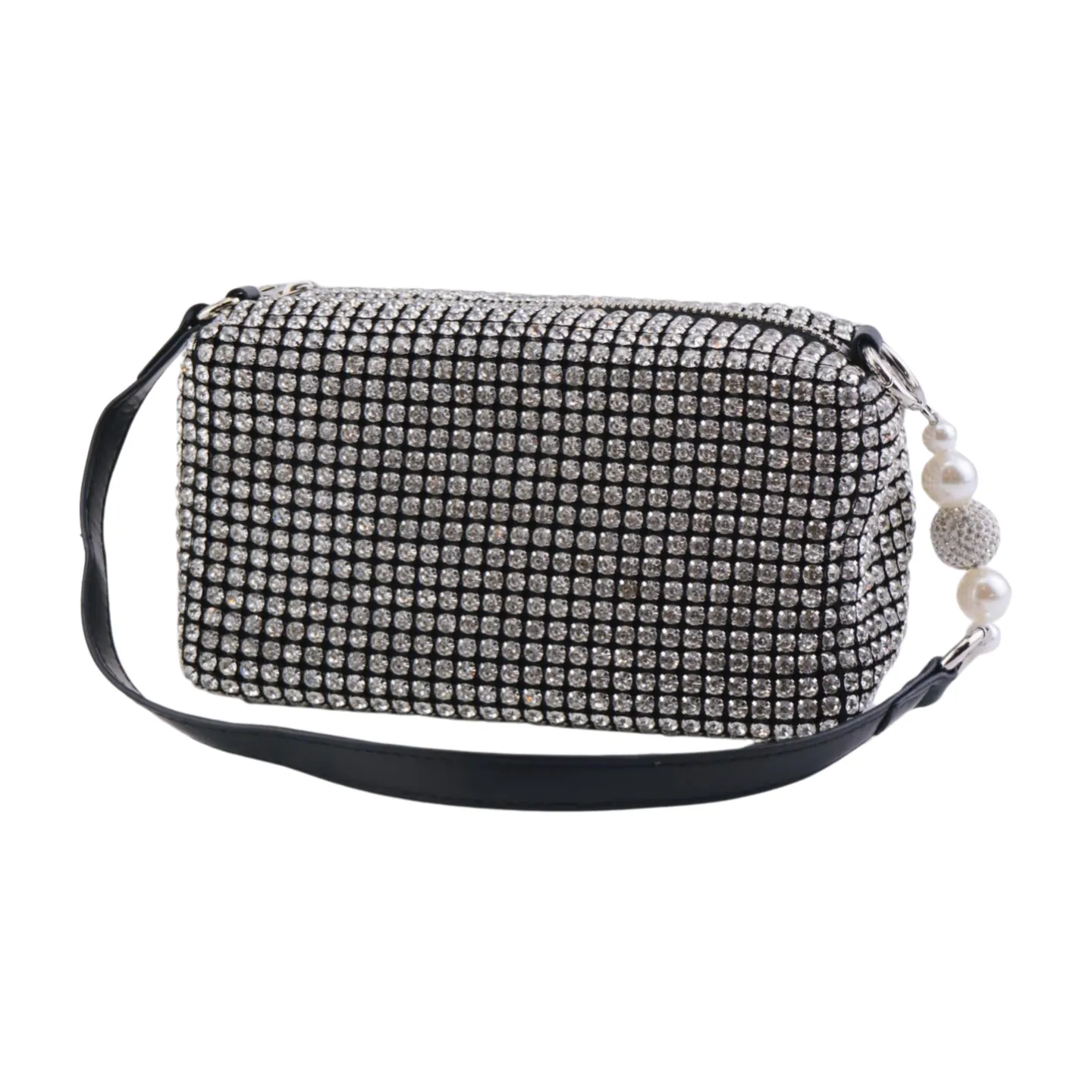 Heiress Pouch, Luxury Women's Diamond Rhinestone Mesh Pearl Handle Silver Stainless Steel Chain Purse