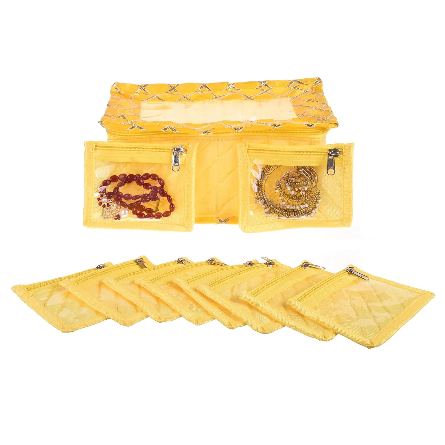 Kuber Industries Jewellery Box | PVC Laminated Gota Check Design Jewellery Kit For Woman | 10 Compartment & Pouches Cosmatic Bag with Transparent Top | Pack of 2 | Yellow