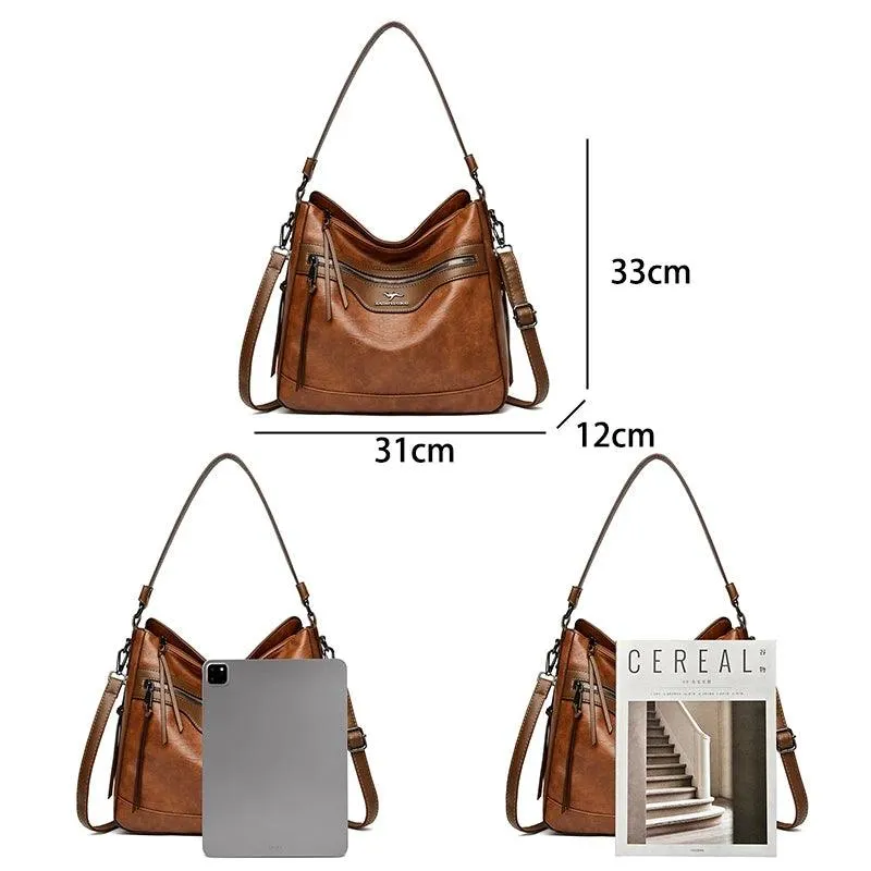 Large Handbag Soft Leather Zipper Pockets Bucket Bags Purses