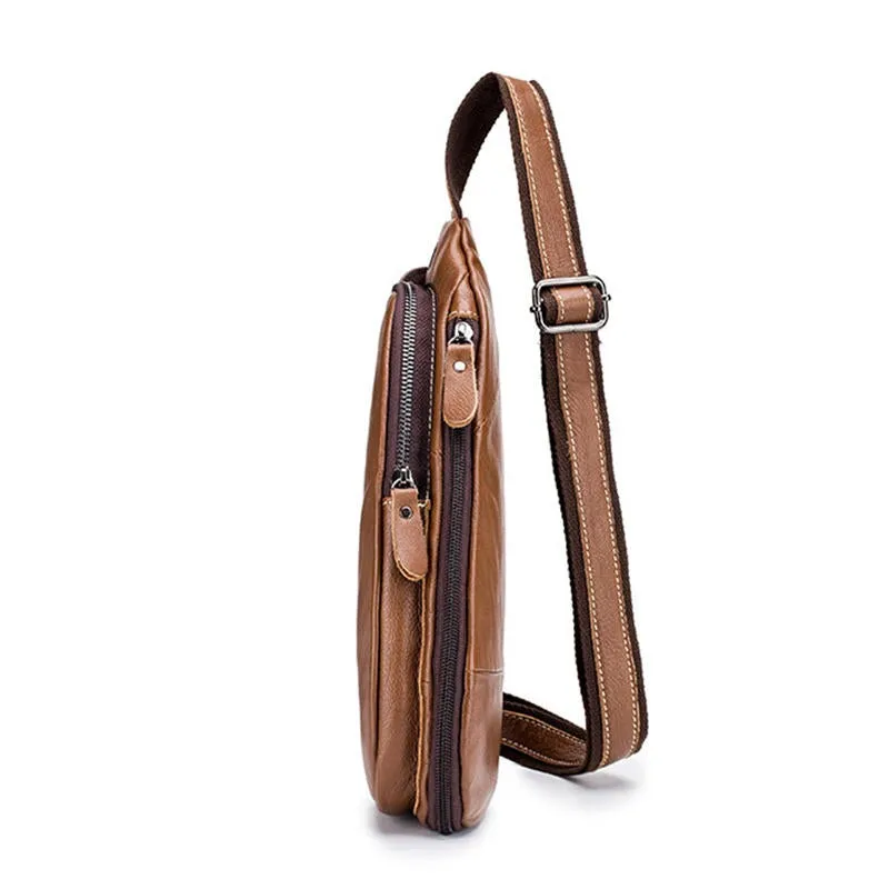 Men Chest Bag Genuine Leather Sling Bag Solid Crossbody