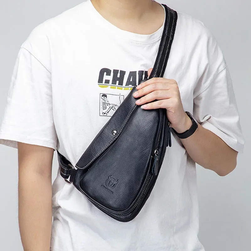 Men Chest Bag Genuine Leather Sling Bag Solid Crossbody