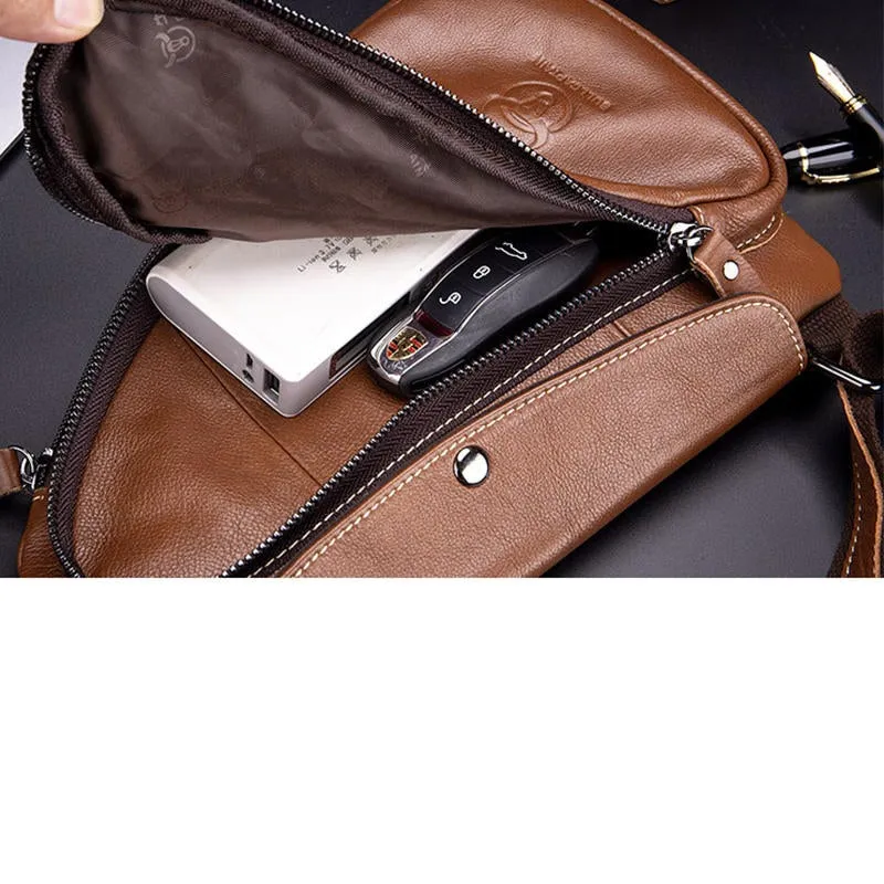 Men Chest Bag Genuine Leather Sling Bag Solid Crossbody