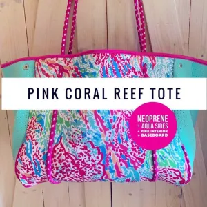 new Pink Coral Reef Neoprene Tote waterproof bag hot pink paracords & interior   aqua turquoise sides w baseboard rain snow shore 2023