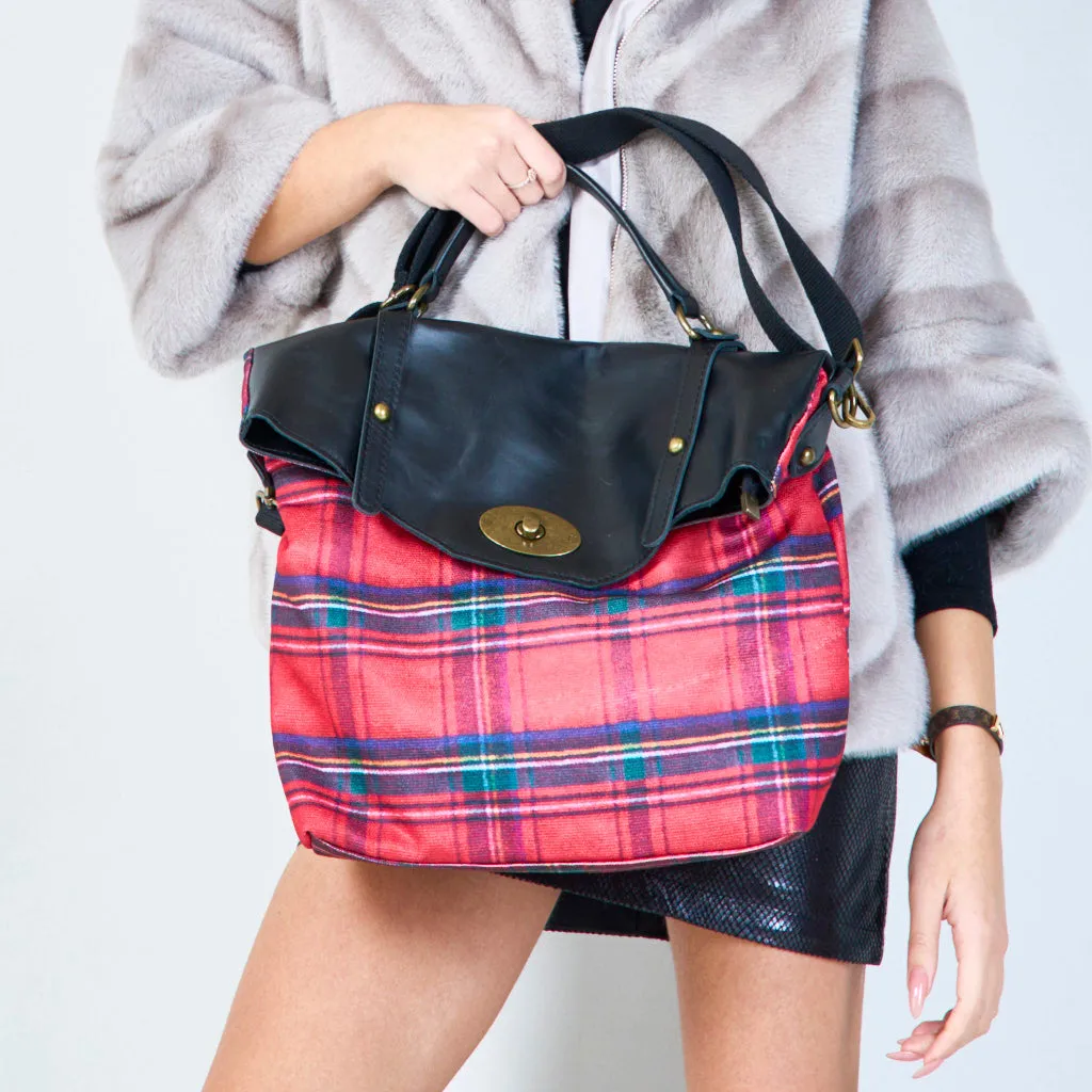 Plaid and leather flap handbag with twist lock wholesale