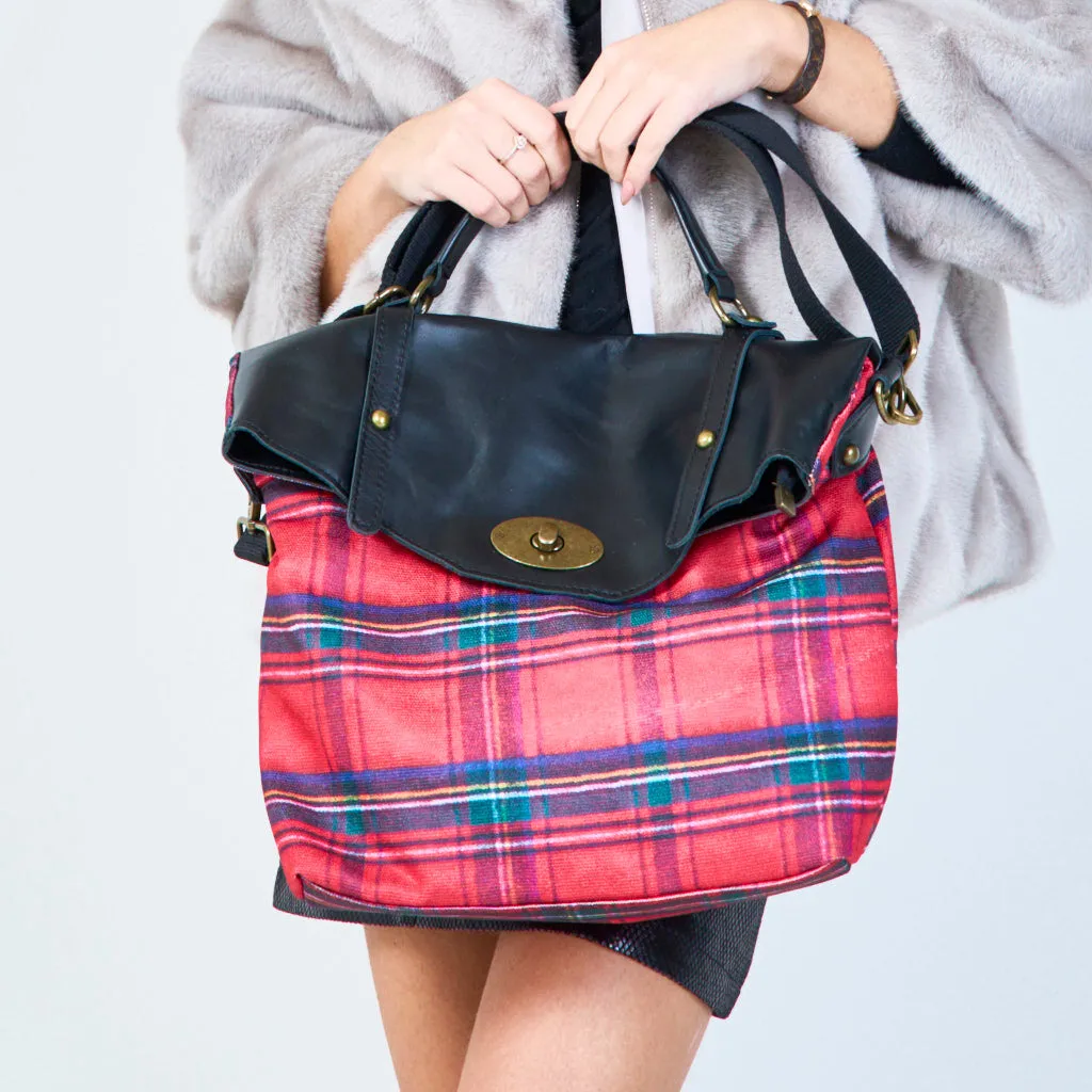 Plaid and leather flap handbag with twist lock wholesale