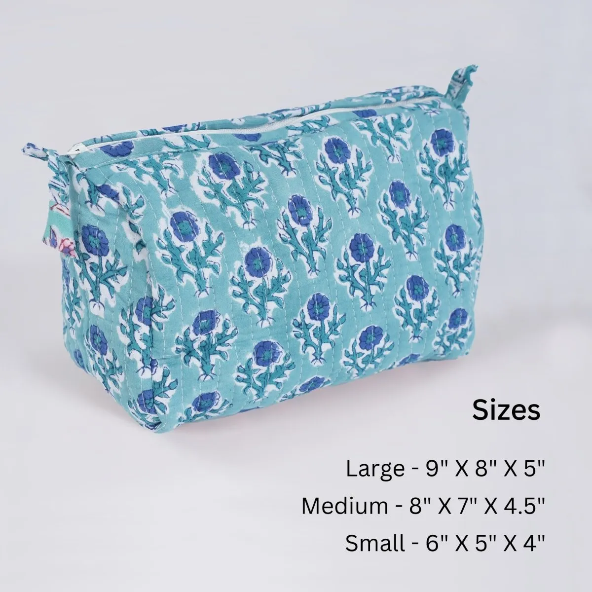 Quilted Makeup Pouch/Utility Pouch Set of 3 - Handprinted Blue Floral Pattern | Portable Toiletry Bag for Travel