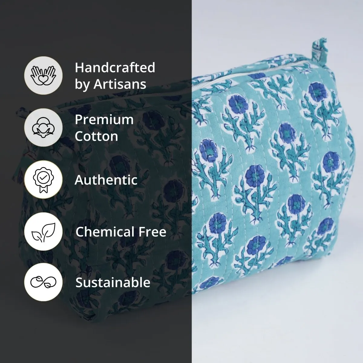 Quilted Makeup Pouch/Utility Pouch Set of 3 - Handprinted Blue Floral Pattern | Portable Toiletry Bag for Travel