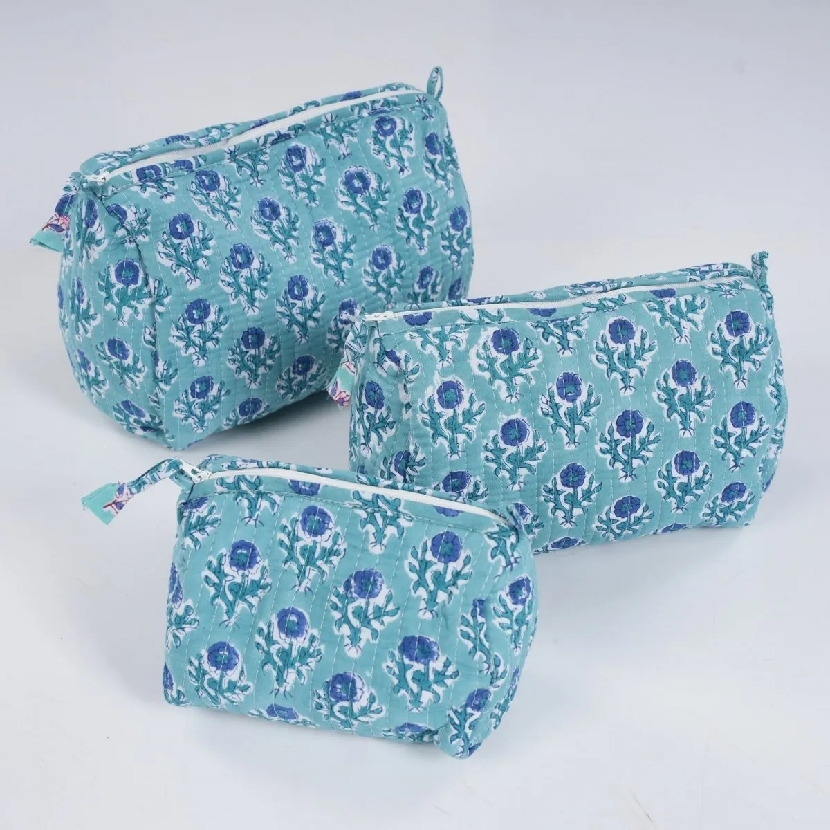 Quilted Makeup Pouch/Utility Pouch Set of 3 - Handprinted Blue Floral Pattern | Portable Toiletry Bag for Travel