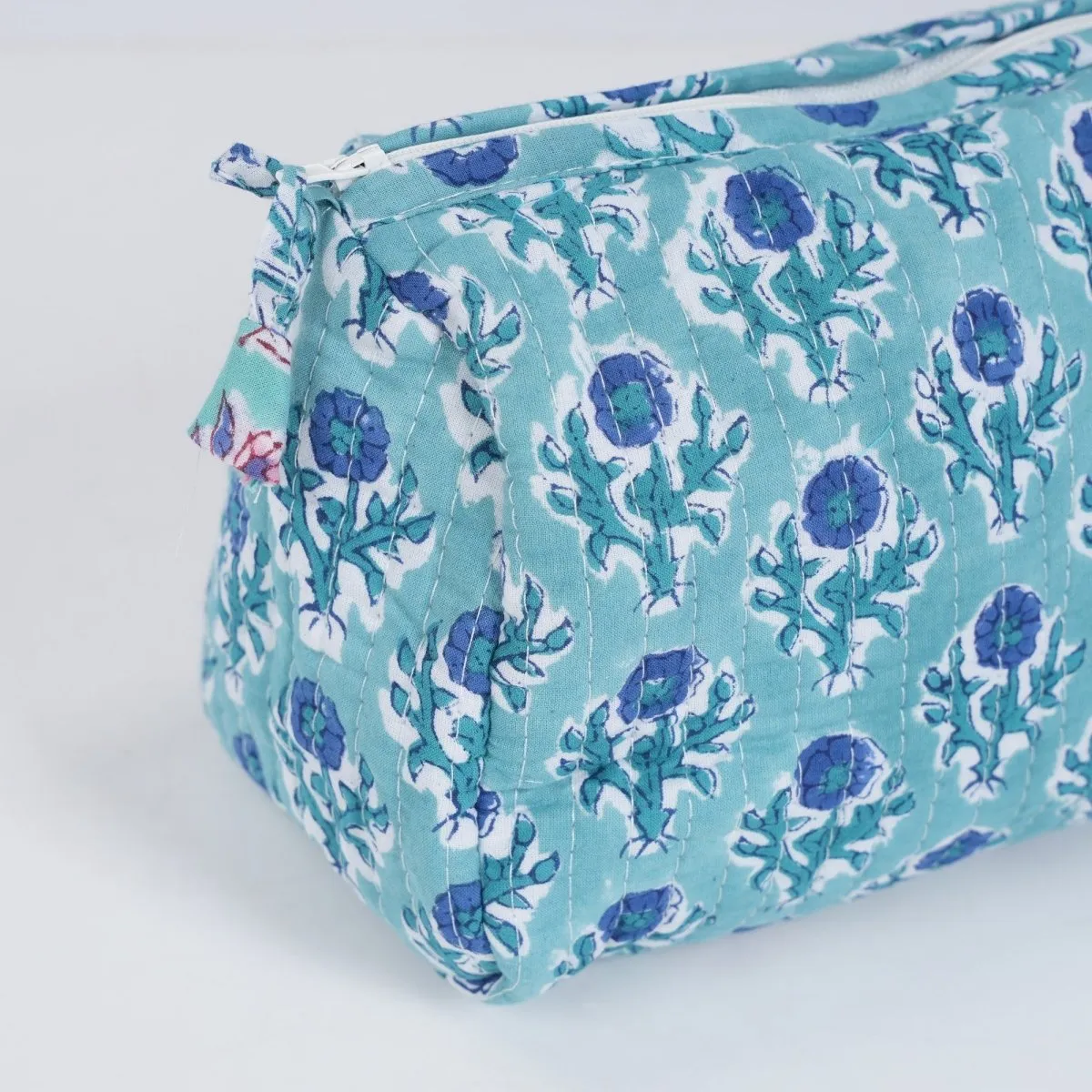 Quilted Makeup Pouch/Utility Pouch Set of 3 - Handprinted Blue Floral Pattern | Portable Toiletry Bag for Travel