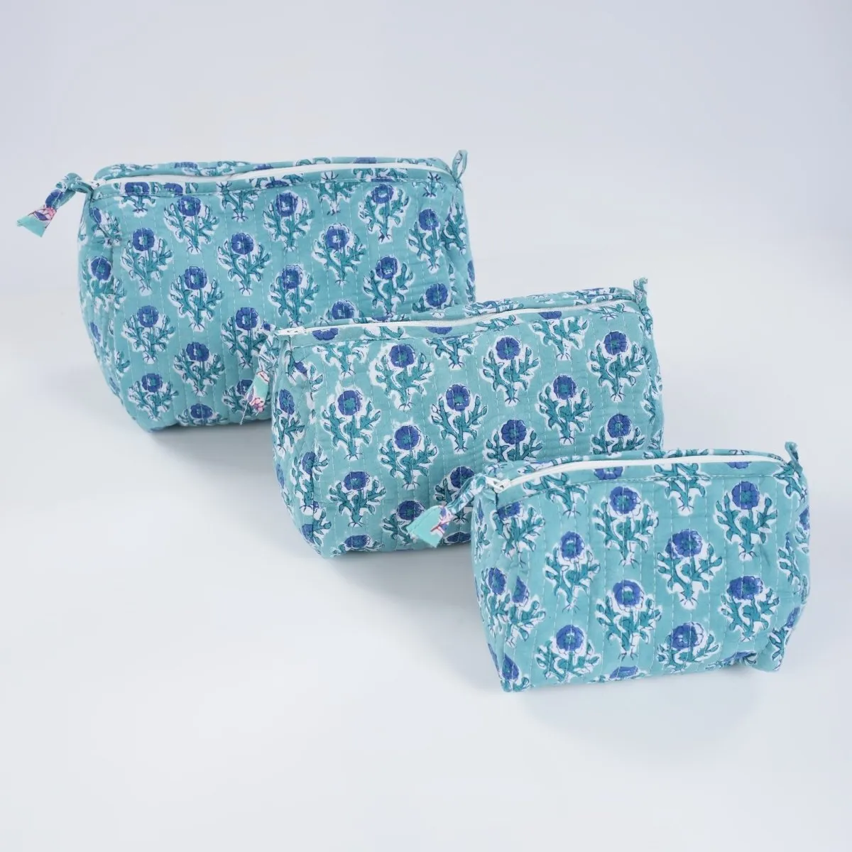 Quilted Makeup Pouch/Utility Pouch Set of 3 - Handprinted Blue Floral Pattern | Portable Toiletry Bag for Travel