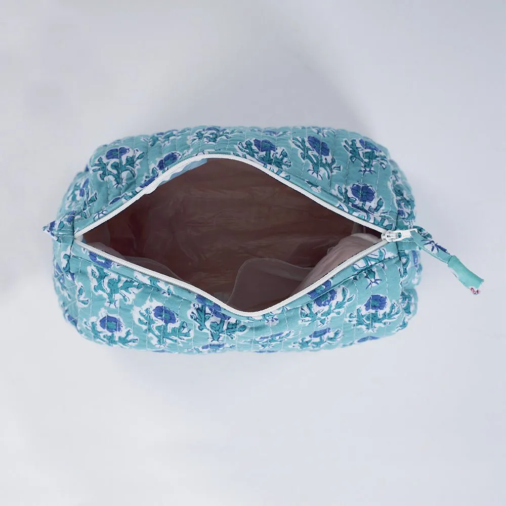 Quilted Makeup Pouch/Utility Pouch Set of 3 - Handprinted Blue Floral Pattern | Portable Toiletry Bag for Travel