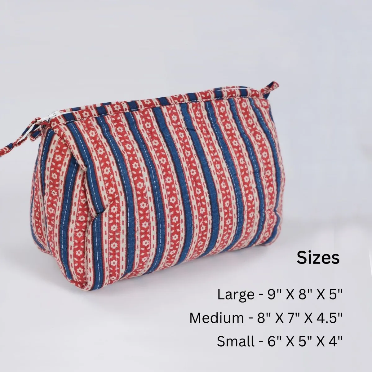 Quilted Makeup Pouch/Utility Pouch Set of 3 - Handprinted in Red & Blue | Portable Toiletry Bag for Travel