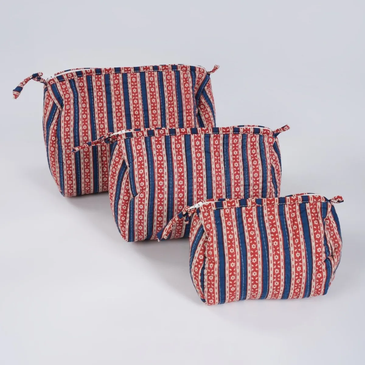 Quilted Makeup Pouch/Utility Pouch Set of 3 - Handprinted in Red & Blue | Portable Toiletry Bag for Travel