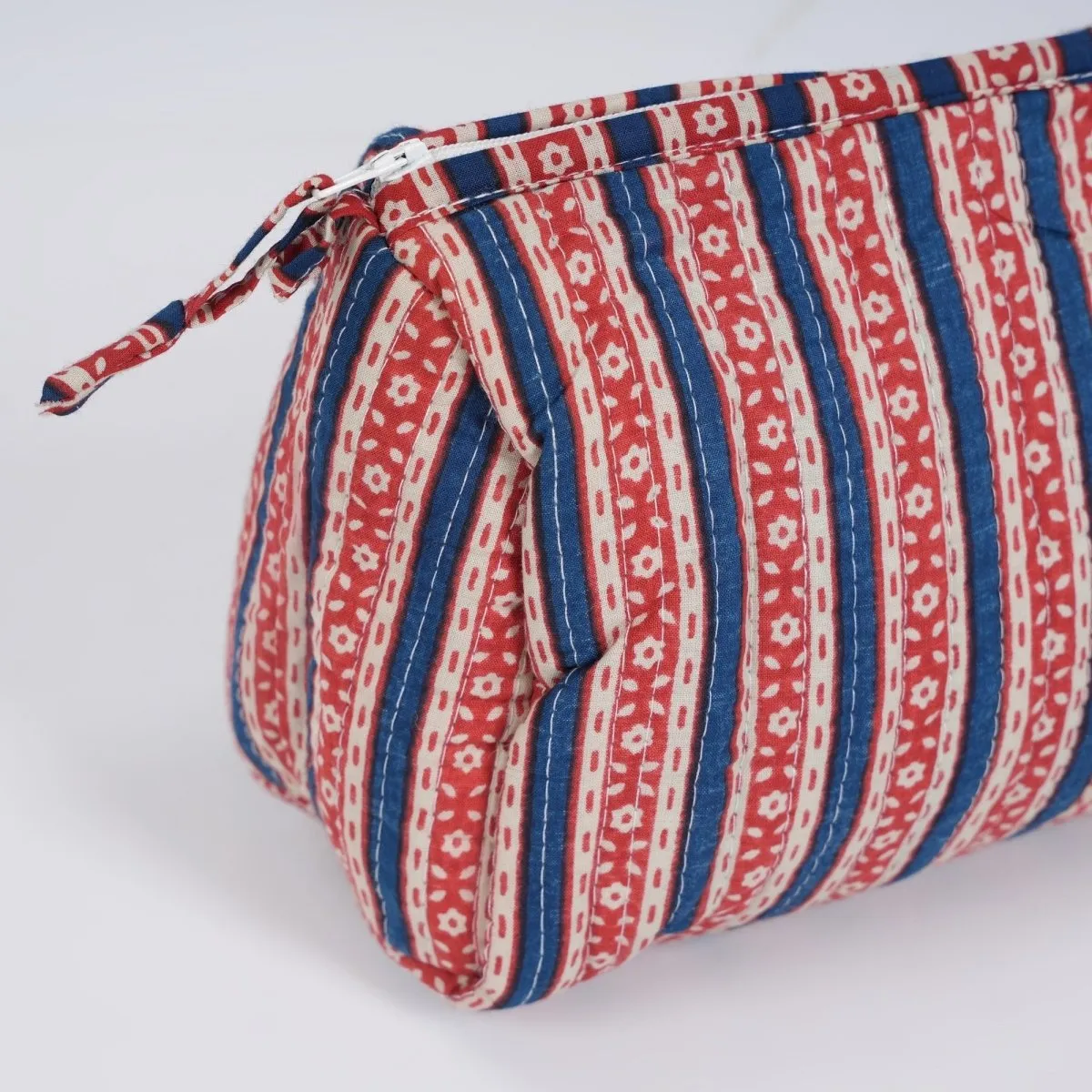 Quilted Makeup Pouch/Utility Pouch Set of 3 - Handprinted in Red & Blue | Portable Toiletry Bag for Travel