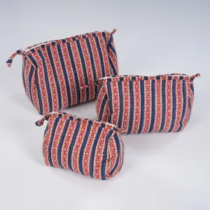 Quilted Makeup Pouch/Utility Pouch Set of 3 - Handprinted in Red & Blue | Portable Toiletry Bag for Travel