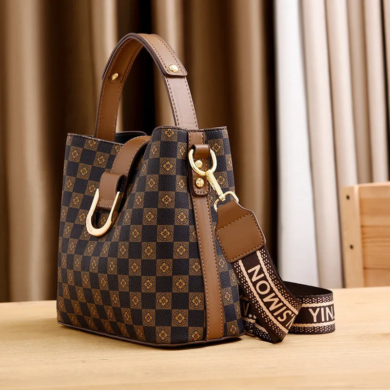 Sohiwoo Checkered Pattern Handbag Bucket Bag Vintage Style Shoulder Bag Trendy Crossbody Bag