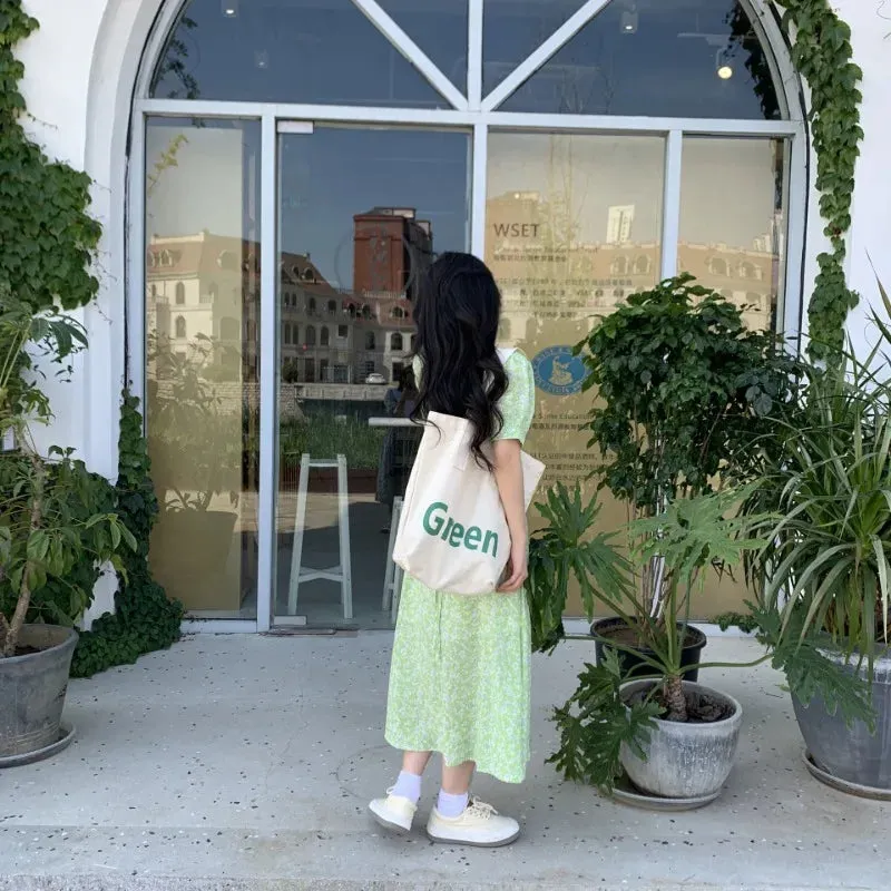 Sohiwoo GREEN Letter Shoulder Canvas Bag Design Simple Versatile Ins Students Go Shopping in Class Handbag Summer