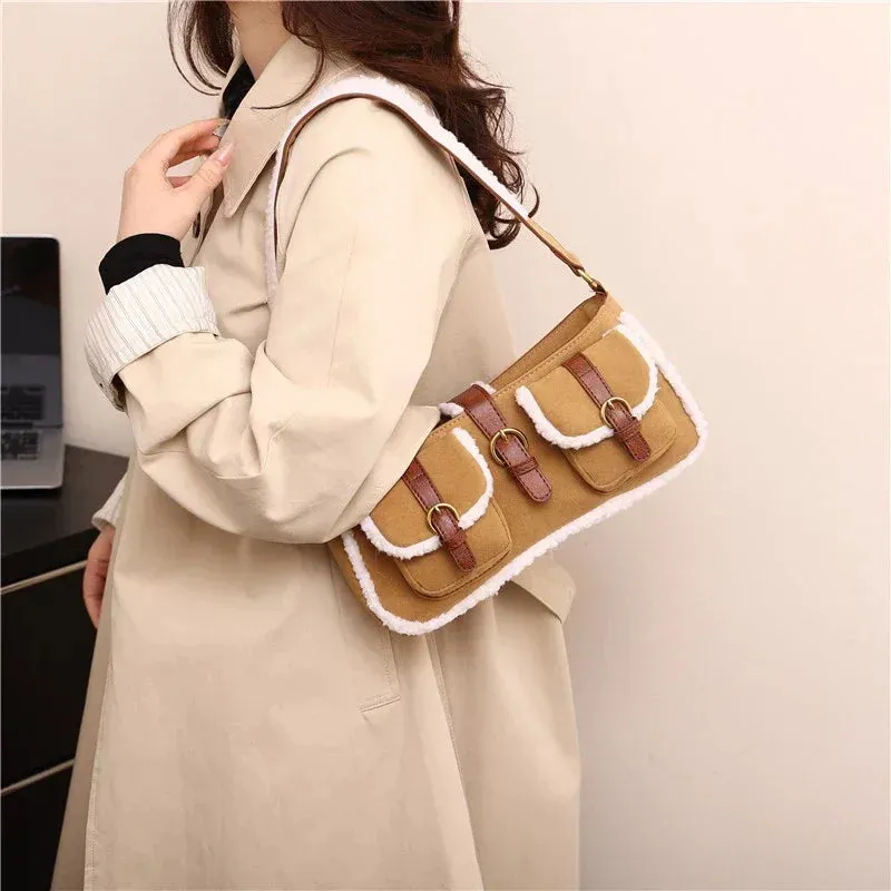 Sohiwoo New Retro Fur Suede Versatile Plush Shoulder Bags Winter 2024 High Quality High-value Splicing Niche Lamb Wool Top-Handle Bags