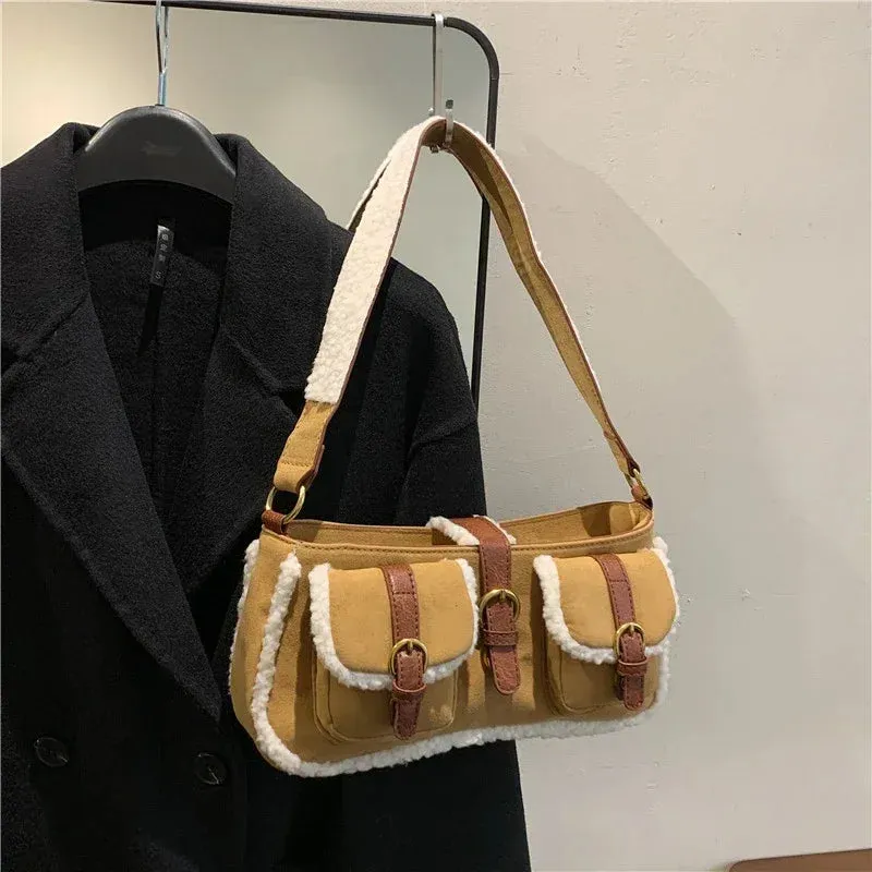 Sohiwoo New Retro Fur Suede Versatile Plush Shoulder Bags Winter 2024 High Quality High-value Splicing Niche Lamb Wool Top-Handle Bags