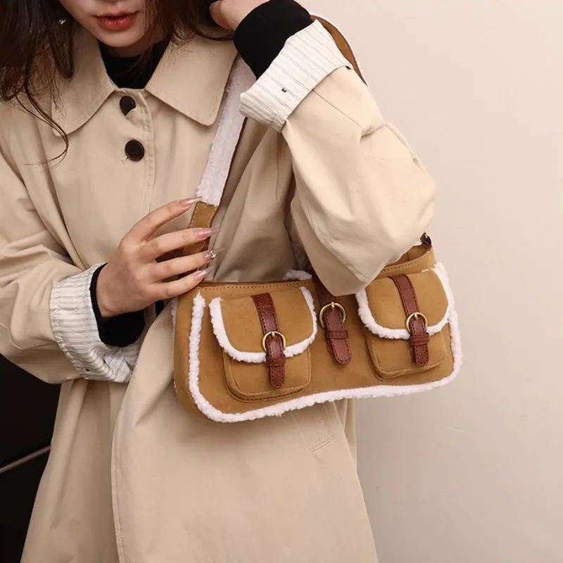 Sohiwoo New Retro Fur Suede Versatile Plush Shoulder Bags Winter 2024 High Quality High-value Splicing Niche Lamb Wool Top-Handle Bags