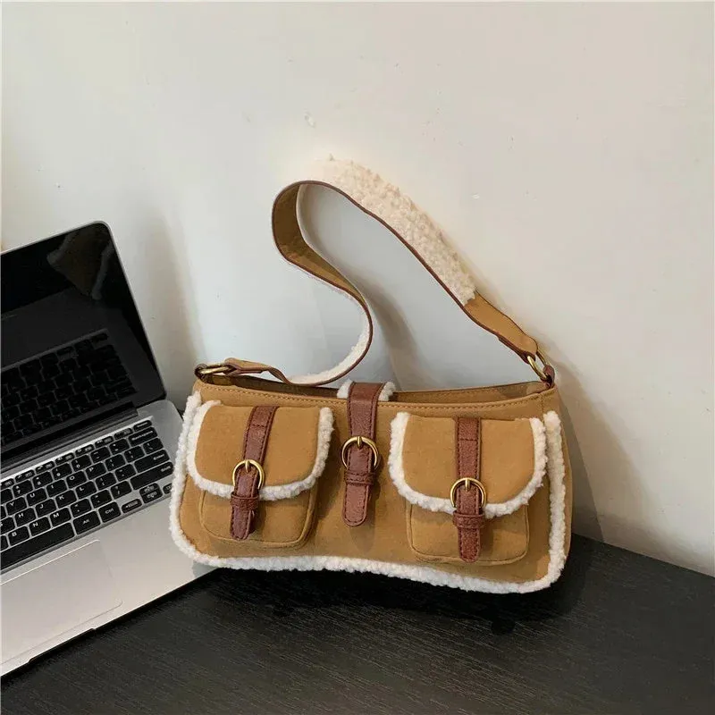 Sohiwoo New Retro Fur Suede Versatile Plush Shoulder Bags Winter 2024 High Quality High-value Splicing Niche Lamb Wool Top-Handle Bags