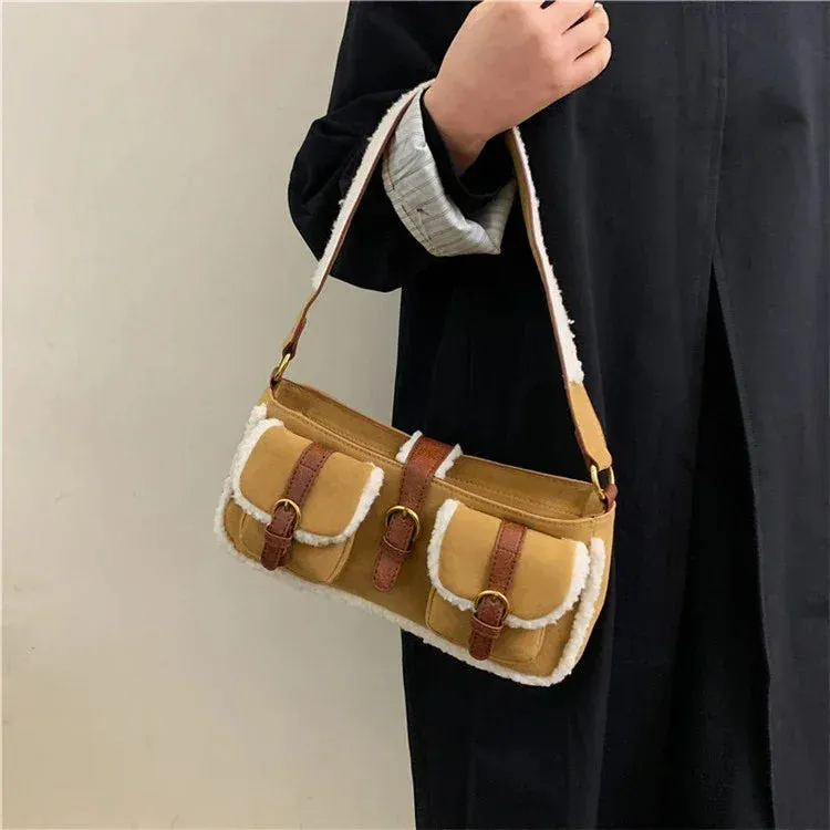 Sohiwoo New Retro Fur Suede Versatile Plush Shoulder Bags Winter 2024 High Quality High-value Splicing Niche Lamb Wool Top-Handle Bags