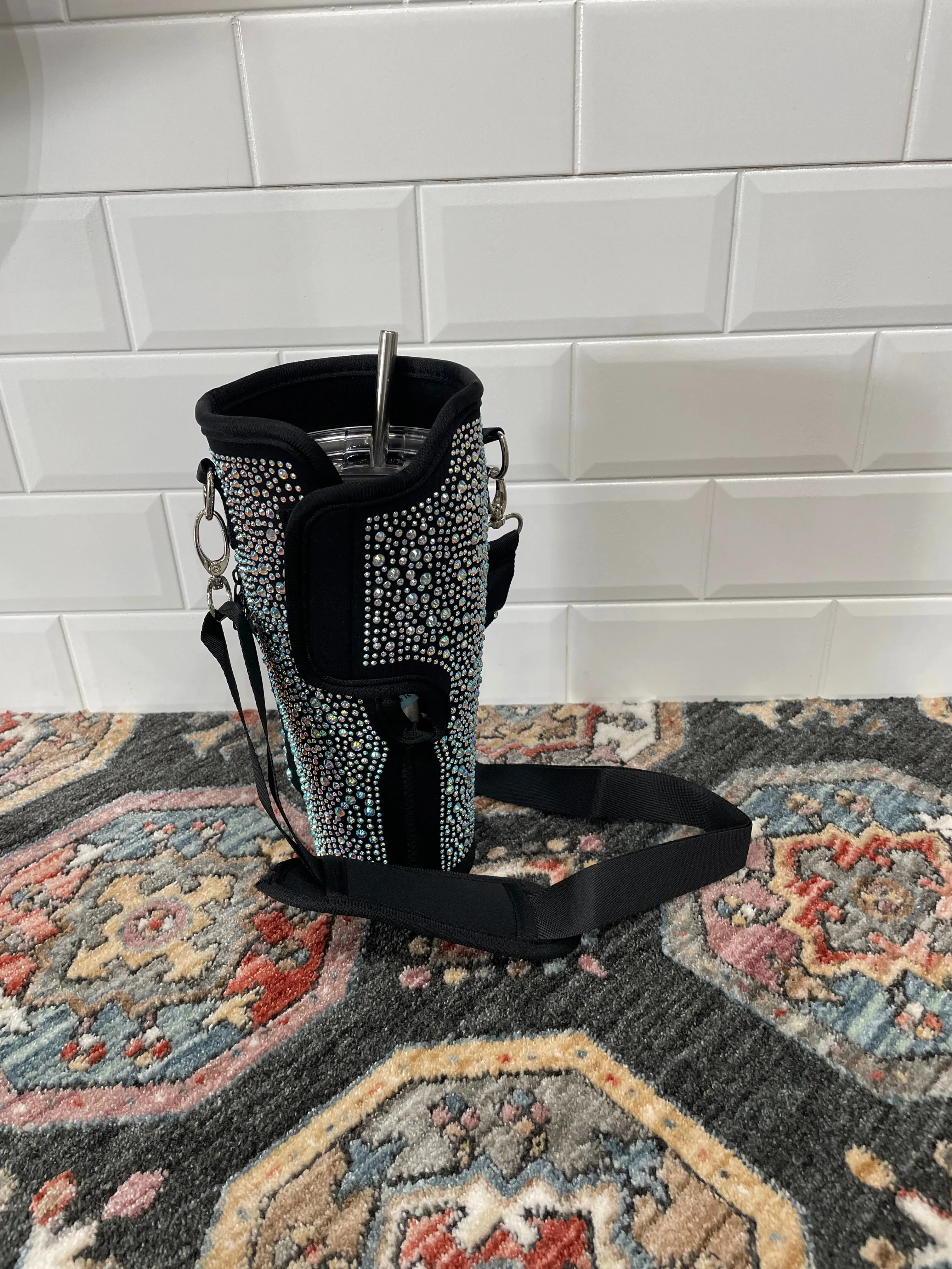 Sparkly Tumbler Pouch with Phone Pockets and Strap