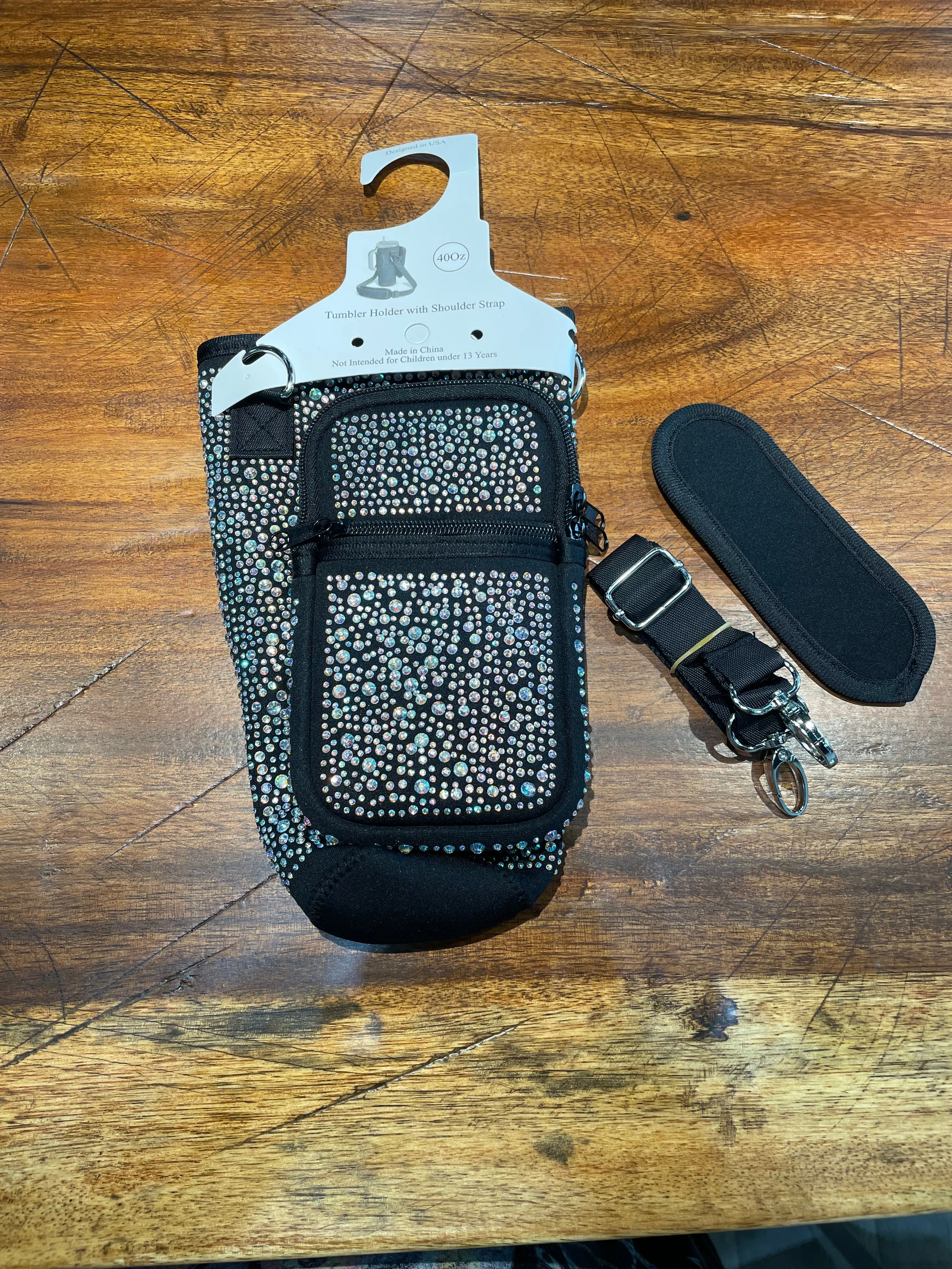 Sparkly Tumbler Pouch with Phone Pockets and Strap