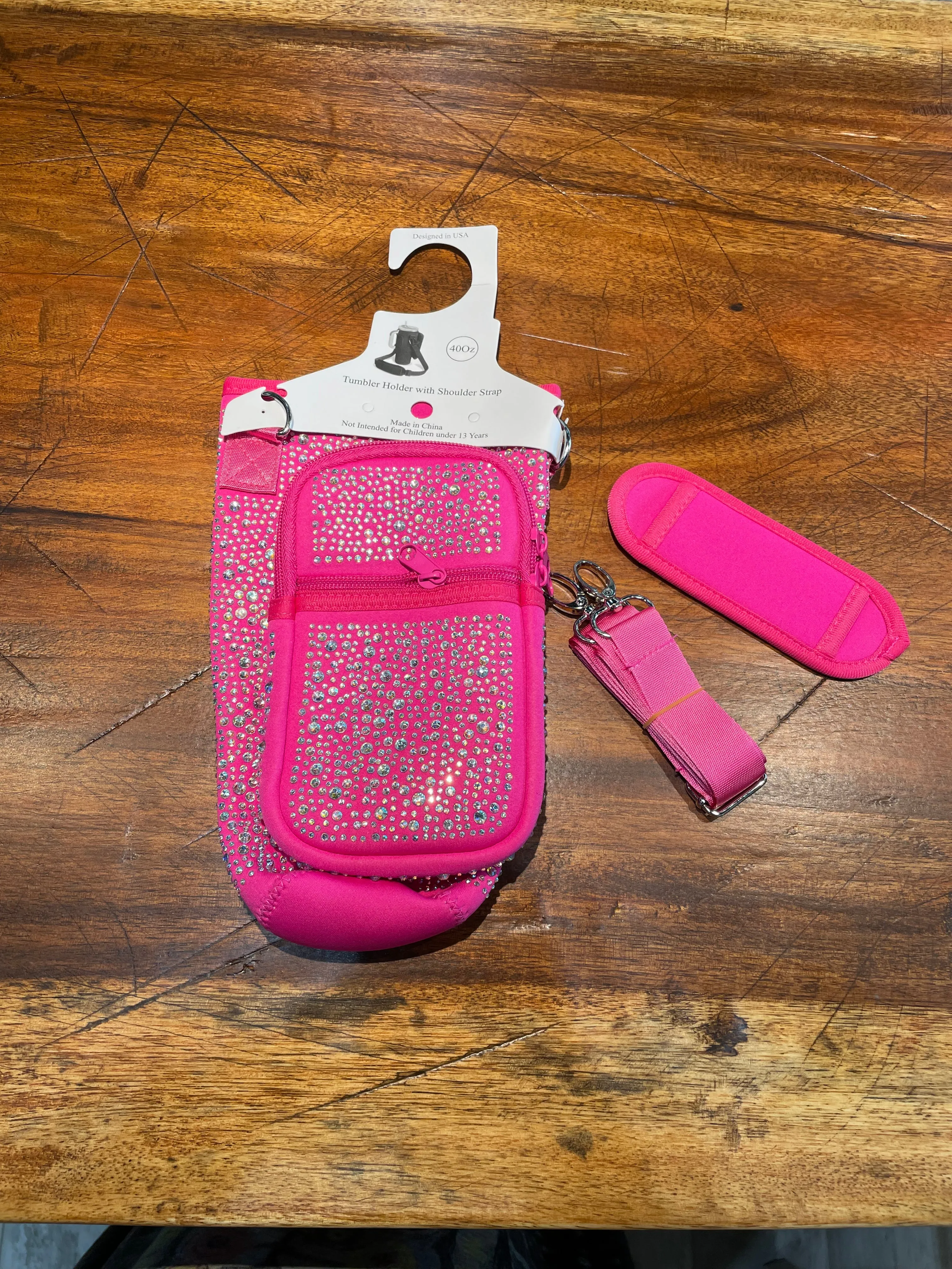 Sparkly Tumbler Pouch with Phone Pockets and Strap