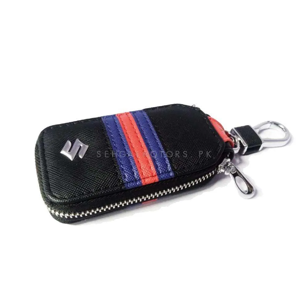 Suzuki Zipper Jeans Key Cover Pouch Black With Red Blue Strip Keychain Ring