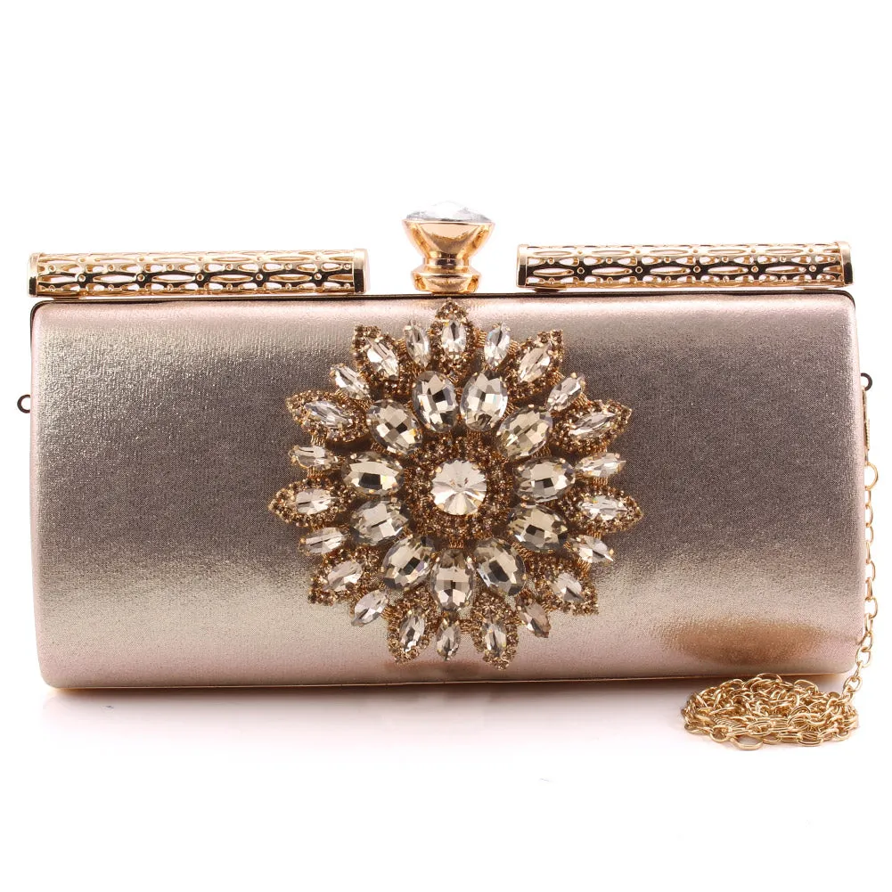 Women “LIZY” Carved Flower Chichi Top Rhinestone Adorned Shimmer Hand Clutch